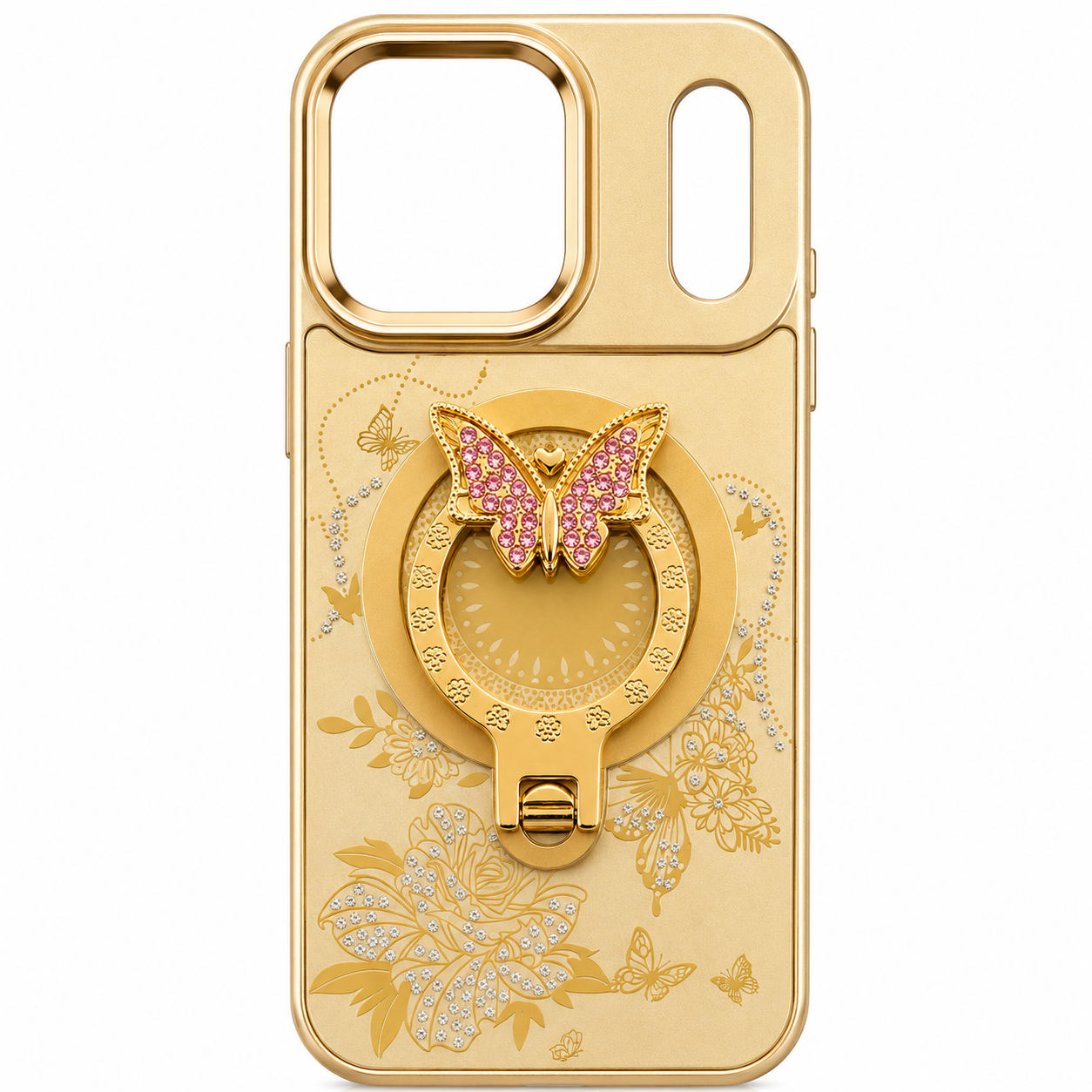 Glitter Sparkle Butterflies Ring Stand Bling Diamond Kickstand Shockproof Protective Cover in gold, compatible for IPHONE 17 PRO MAX